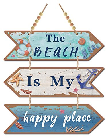 CREATCABIN 3 Pieza Madera The Beach Is My Happy Place Sign Wood Arrow Placa Colgante Decoración Pared Farmhouse Cocina Rústica Agujero Hogar Comedor SaEstar (Color Turquesa Oscuro)