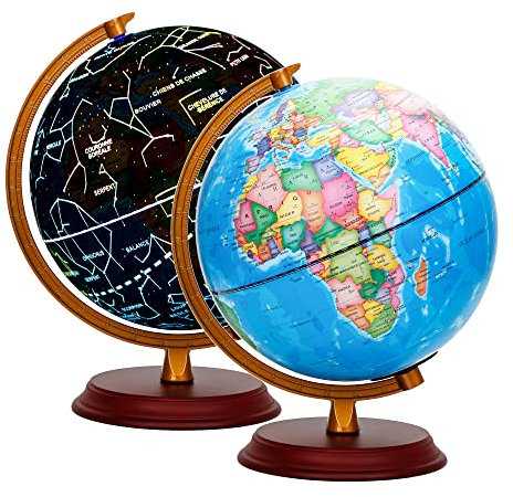 EXERZ 20cm Globe Lumineux - Globe Terrestre en Bois - Carte Politique en Français (jour) - Etoiles et Constellations (Nuit) - Lampe LED