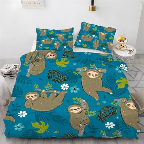 Bettwäsche Set Bettbezug 135x200 Weich Bequem Atmungsaktiv Hypoallergen Mikrofaser Bettbezüge + 2 Kissenbezug,Geeignet für Jungen Mädchen Kinder - (Faultier)