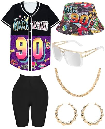 90er Jahre Outfit Leggings Damen mit Accessoires, Hip Hop Kostüm Lange Lockere Oberteile Yoga Hose Fischerhüte Gläser Ohrringe Halskette, 80s 90s Bunte Rapper Shirt Schlagermove Mottoparty Bad Taste