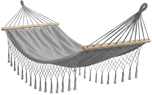 Marvin Amaca da Giardino Indonesia, Letto Dondolo da Esterno Campeggio, Barre di Legno, in Cotone Tessuto Resistente (GRIGIO 200x100)