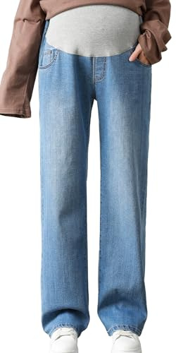 FEOYA Jeans premaman da donna casual a gamba larga in denim pantaloni per gravidanza sopra il pancione jeans pantaloni da salotto con tasche, Style2 Blu, 3XL