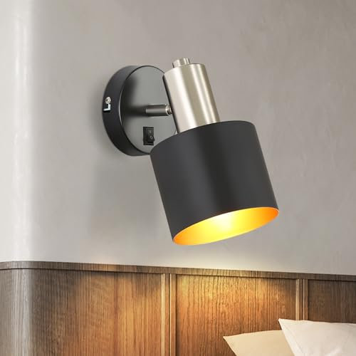 ZMH Wandleuchte Innen Wandstrahler Schwarz - Vintage 330° Schwenkbar Wandlampe Flur E27 Kleine Metall Retro Strahler Lampenschirm Max.40W für flur Bett Küche（ohne Leuchtmittel）