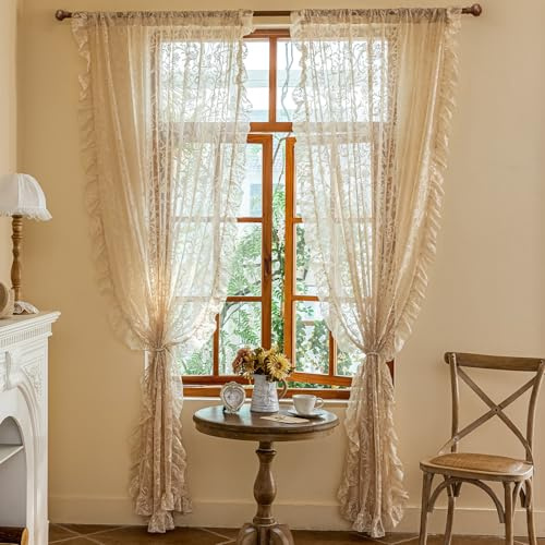 TUDECO Beige Boho-Vorhänge, 2,4 m, durchscheinende Spitzenvorhänge für Wohnzimmer, Schlafzimmer, hübsch schick, Blumenrüschen, Lichtfilterung, Sichtfenster, Dekoration, 150 x 244 cm, Hellbeige