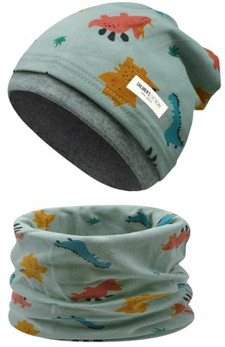 Enwokran Childrens' Slouchy Beanie Hat Loop Scarf Set Soft Easy Care Stretch Material Round Scarf Soft Girls Boys Winter Autumn Spring Set (Dinosaur-Light Green)