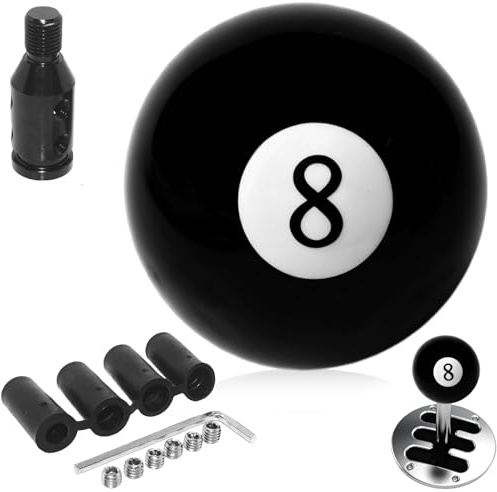 GBKDQQ Pomo de palanca de cambios redondo negro con 8 bolas de billar, universal, acrílico, 4, 5, 6 velocidades, palanca de cambios con adaptador de aluminio y kit de montaje, pomo de palanca de
