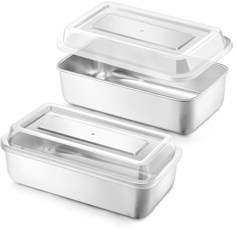 Homikit Loaf Tin, 2Lb Stainless Steel Bread Loaf Pans with Lids, Silver | 2 Pans+2 Lids, for Baking Banana Cake, Meatloaf, Brownies, Meal Prep & Storage, Healthy & Portable, Dishwasher Safe