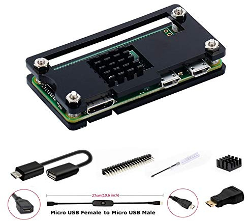 GeeekPi für Raspberry Pi Zero 2 W/Zero W Gehäuse, 7 in 1 Basic Starter Kit, 20-poliger GPIO-Header, OTG Kabel, Switch Kabel, HDMI Adapter, Kühlkörper und Schraubendreher(Schwarz)