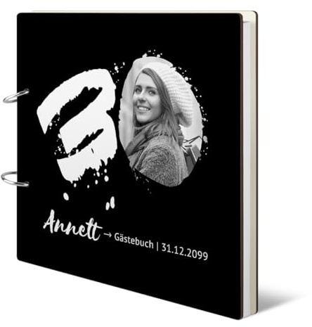 30 Jahre Runder Geburtstag Gästebuch inkl. Buchdeckel individuell gedruckt, quadratisch 215x215mm Ringbuch inkl. 72 Blatt / 144 Naturpapier Innenseiten - Fotokleckse Motiv
