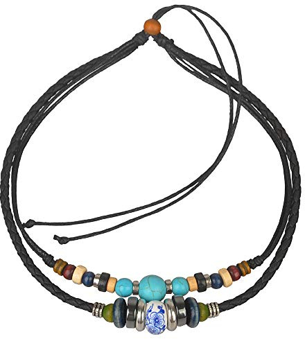 Ancient Tribe - Collier Ras-du-Cou Double Cordon – Cuir Tressé Noir et Corde avec Perle Turquoise, Perles Métalliques et en Bois – 37 cm Réglable, Style Bohème Unisexe