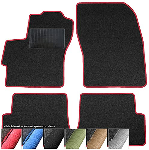 moto-MOLTICO Fußmatten Auto - Velours Autoteppiche passend für Mazda 323 BJ (1998-2003) - 4-teiliges Set - Schwarze Automatten mit Roten Ziernähten