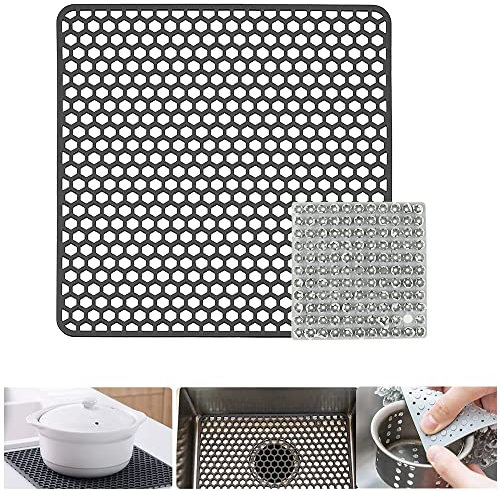 DXLing Tappetino per Lavello in Silicone 34,5 cm x 34,5 cm Tappetini per lavello da Cucina con Foro di Scarico Protezione Tappetino per lavello con Spazzola per la pulizia di frutta e verdura