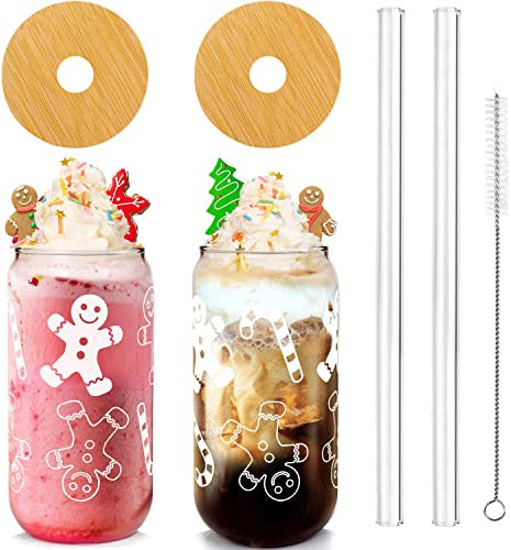 Weihnachtstassen, 550ml Weihnachtskaffee Tassen Bier Dose Glas mit Deckel und Stroh Weihnachten Lebkuchen Tumbler Trinkgläser Glaswaren Drinkware Cookie Jar Home Dekorations Geschenke