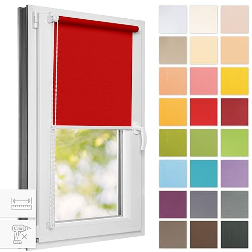 Estika Rollo für Fenster ohne Bohren - 100cm x 120cm - Rot - 25 Stofffarben, Klemmfix Montage, Fensterrollos für innen, Sichtschutz für Fenster und Balkontür (100 cm Stoffbreite)