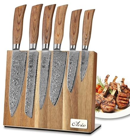 Wakoli EDIB Pro Messerblock Set mit 6 Damastmessern, 67 Lagen, VG10-Kern | Enthält Chefmesser, Brotmesser, Fleischmesser, Santoku, kleines Santoku und Officemesser sowie magnetischen Akazienholzblock