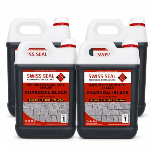Swiss Seal | CHARCOAL/BLACK Coloured Imprinted Concrete Sealer GLOSS FINISH + ANTI-SLIP | Colour Tinted Driveway & Patio Seal - Wet Look | Colour Tint Sealant For Outdoor Concrete Floor (4 x 5 Litre)