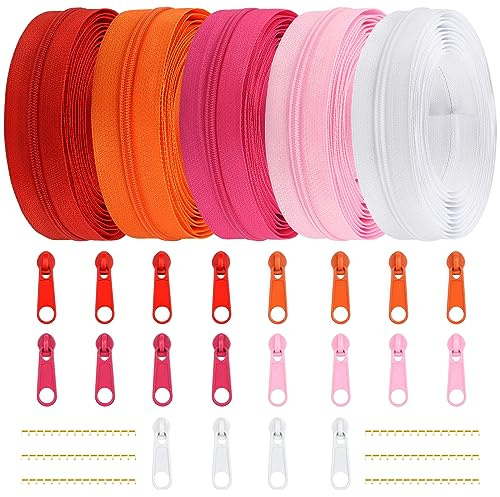 DOITEM Cremallera Continua de Nailon de 2,8 mm, 14 Metros, con Tirador y Cremallera, Rosa Rojo y Blanco,5 Colores