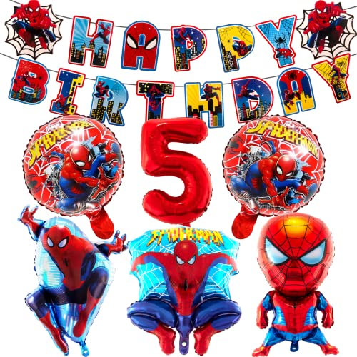 Geburtstagsdeko 5 Jahre, SpiderLuftballons Jungen-Ballon Geburtstag Deko Themenparty Junge-Happy Birthday Banner, Rrunde Charakter Nummer 5 Kindergeburtstag Deko und Folienballon für Jungen