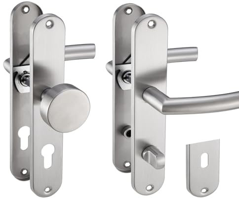 Stahlia Drückergarnitur Langschild Renovierungsgarnitur Edelstahl gebürstet LIA | BB - Buntbart | Türbeschlag Innentüren, Zimmertüren, Eingangstüren für Türstärke 20 – 47 mm | Befestigungsmaterial