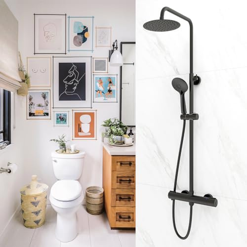 OCEAN ITALY Colonna Doccia con Miscelatore Termostatico, Soffione Doccia Rontondo 20cm con Rubinetto Larghezze 28cm Diametro 40mm, Doccetta 3 Getti, Asta Regolabile735-1170mm, Nero