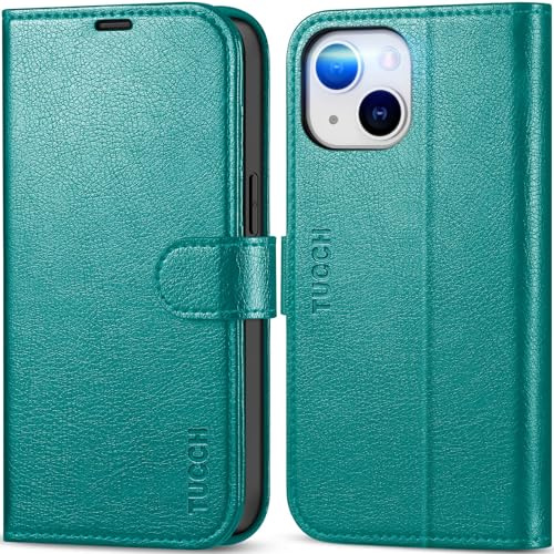 TUCCH Hülle für iPhone 14 Handyhülle 2022 Schutzhülle, Cyan | RFID Blocker, stoßfest, Magnetverschluss, Kartenfach, TPU, Walletcase, klappbar kompatibel mit iPhone 14