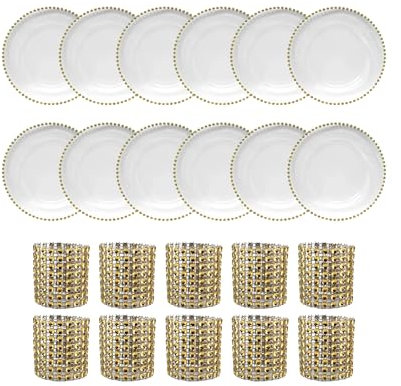 WedDecor Set of 10 Charger Plates and Napkin Rings, Centerpiece Clear Glass with Gold Beads Plates and Rhinestone Designed Napkin Rings for Party Dinner Table Decoration Events, Gold