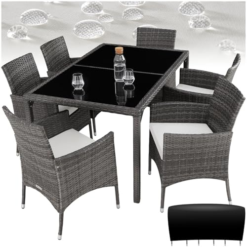 tectake® Set da Giardino in polyrattan, 6 Sedie, 1 Tavolo, Molto Pratico, Sedie con Piedini in plastica Anti-graffio, Salotto da Giardino Esterno, Tavolo da Giardino Con Sedie - Grigio/Bianco