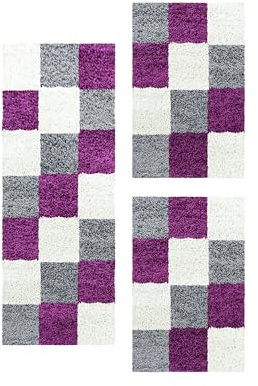 Carpetsale24 Bettumrandung Schlafzimmer 3 teilig Shaggy Hochflor Teppich Violett Bettvorleger Schlafzimmer Bettset: 2 St. 60x110 cm | 1 St. 80x150 cm - Teppich Läufer Set Kariert Design
