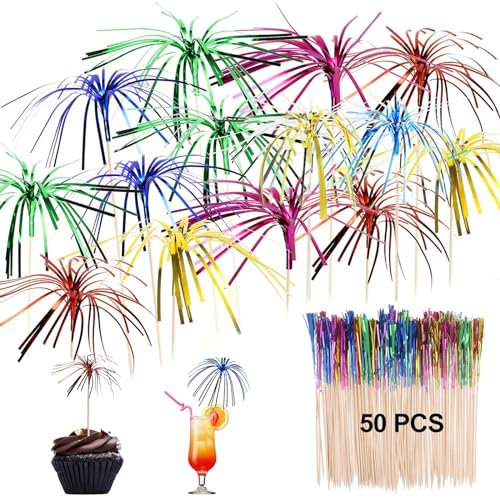 50 Stück Getränke Feuerwerk Dekoration, Farbe Feuerwerk Bambus Spieße, Cocktail Deko, Dekoration von Obstbambus Spießen, Glitzerpalmen Cocktailspieß Für Geburtstag, Urlaub, Bar