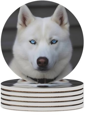 Untersetzer für Getränke, Keramik-Untersetzer mit Korkboden, saugfähige Tassenmatte, blauäugig, weiß, Husky, Kaffeetassen-Pad, runde Stein-Untersetzer, dekorative Tischschutzmatte für Tassen, Bar,