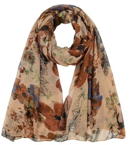 GoGou Women's Lightweight Scarves Wrap Brown Floral Printed Scarf Shawls Bird Cotton Scarf Gifts for Wedding Birthday Mother's Day Halloween Party Carnival Outfit 85 x 180 cm (Brown)