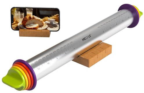 Mepple Stainless Steel Rolling Pin with Thickness Rings for Fondant, Pizza, Cookie, Pastry, Pie,Roller Rod for Dough Thickness,Rolling Pin for Baking, 13.6 with 4 Thickness Rings and Wooden Stand