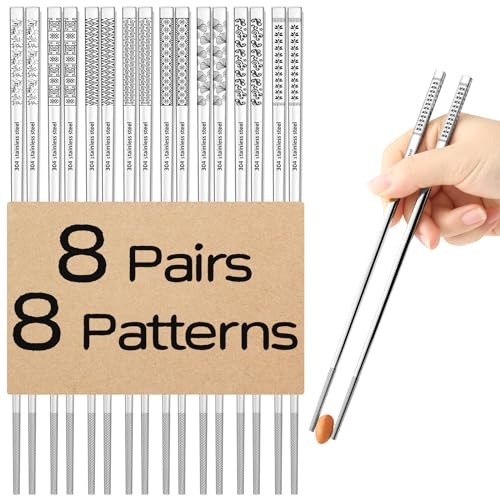 8 Pairs Metal Chopsticks Reusable 18/8 Stainless Steel Chopsticks Set Cute Laser Engraved Non-slip Japanese Korean Chinese Chopstick for Cooking Eating Dishwasher Safe 9.25 Chop Sticks Gift Set