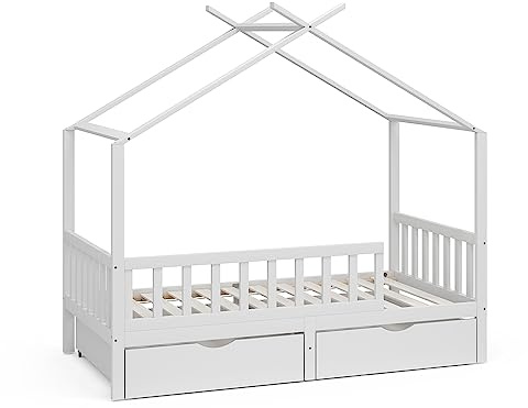 VitaliSpa Lit cabane Franka, Blanc, 80x160 cm avec 2 tiroirs, Convient aux Matelas jusqu'à 90x200 cm et Compatible
