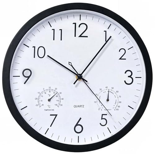 Chedin 30cm Rund Quarz wanduhr ohne Ticken, Wetterfest Mit Thermometer Und Hygrometer, Wanduhr Kinder, Schlafzimmer Lautlos Wanduhr, Wanduhr Groß (Schwarz, 12inch