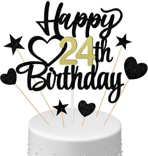 Anlgdi Tortendeko Happy Birthday Deko Kuchen Topper 24. Geburtstag Mann Frau, Kuchendeko Happy 24th Birthday Schwarz, Cake Topper 24 Jahre Torte Kuchen Deko für Geburstagstorte Deko 24. Männer Frauen