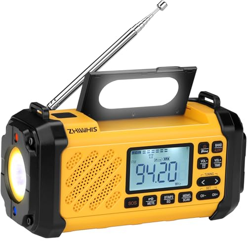 ZHIWHIS Radio d'urgence avec Bluetooth, 10 000 mAh FM/AM/SW/VHF/NOAA Radios météo avec alertes, manivelle/solaire/SOS/lampe de poche/6 EQ/minuterie/lecteur USB avec préréglage pour les urgences ZWS