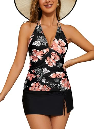 SHEKINI Costume da bagno da donna, in stile tankini, con controllo addominale, top e gonna, costume a 2 pezzi, rosa a fiori, S