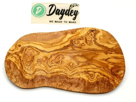 DAGDEG Planche à découper en bois d'olivier - Coupe naturelle - Planche à steak - Planche de service en bois - Planche à petit-déjeuner - Planche à pain - Environ 43-47 cm de long, 20-23 cm de large -