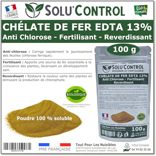 Solu'Control Chélate de Fer EDTA 13%, Anti-chlorose, Fertilisant, Reverdissant, 100g