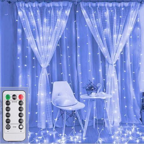 200LED Lichtervorhang Blau, 3mx2m Lichterkettenvorhang USB 8 Modi LED Lichterkette mit 12 Haken Fernbedienung Timer verstellbare Helligkeit für Weihnachten Party Innen und außen Deko