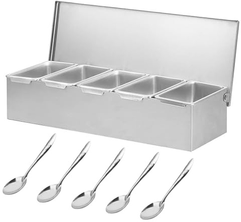 IGTOPS Zutatenbehälter mit Deckel und Löffel, Gewürzdose, Zutatenbehälter für Grill, Pizza, Outdoor Küchenzubehör aus Edelstahl (5 Gitter)