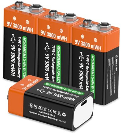 9V Rechargeable Lithium Batteries, 3800mWH with 2-in-1 USB C Charging Cable, high Capacity 6F22 Batteries for Smoke Alarms, Metal detectors, Microphones More（4 Pack ）