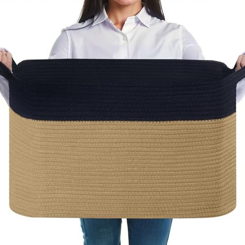 JOJOSEE Large Storage Basket, Blanket Basket for Clothes Bedding, Woven Storage Baskets, Toy Storage for Kids, Rope Basket for Living Room, Nursery, Bedroom 55x38x30 cm (Black&Jute, 1 Pack)