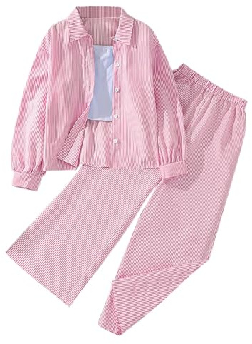Vuncio Ensemble Ete Enfant Fille Chic Pas Cher Ample Tailleur Pantalon Jambe Large et Chemise Manche Longue Ado Fille Confortable Mignon Habillée a la Mode Casual Vacances 8-13 ans (Red, 8-9 Years)