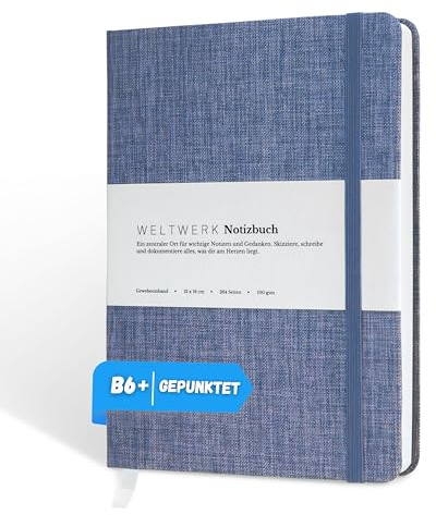 WELTWERK Anteckningsbok B6+ [Dotted, marinblå] högkvalitativ anteckningsbok med 100 g/m² papper, tygomslag och gummiband – litet anteckningsblock med 264 sidor för bullet journaling, skisser och