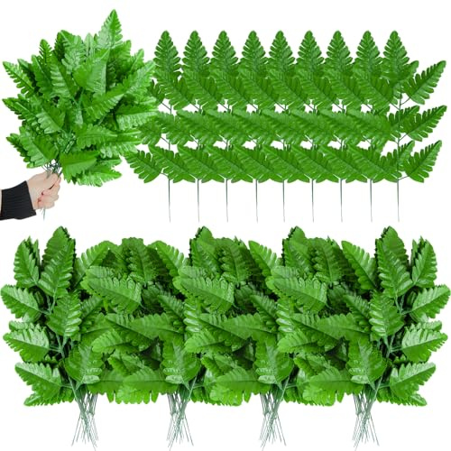 Künstliche Seide Grüner Farn Friedhof Blumen Blatt Picks Fake Greenery Stiele Farn Blätter für Friedhof Grab Grabstein Blume Handwerk Hochzeit Dekoration (100Stück, Grün)