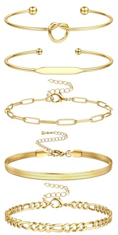 Krfy 5Stück Armband Damen Gold 14K Vergoldet Armreif Gold Armbänder Set Verstellbare Stapelarmbänder Armreifen Figaro Herz Armbänder Wasserfest Edelstahl Armband Set