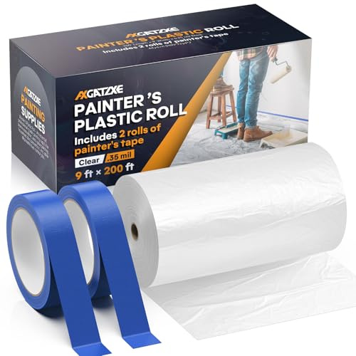 Plastic Drop Cloths, 200' Length x 9' Width Painter's Plastic Film with 2 Rolls Painter's Tape - Disposable Painter's Sheeting & Tarps for Painting Supplies, Furniture/Couch/Floor Protection