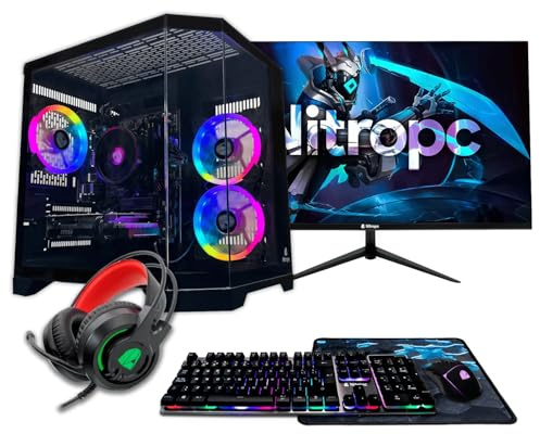 NitroPC - Pack Silver Plus | PC Gamer Complet (AMD Ryzen 5 5500 4.2GHz, RTX 3050 8Go, 16Go RAM, M.2 1To, Windows 11, RGB | WiFi, écran 24, Clavier, Souris, Casque) Ordinateur de Bureau Gaming (Noir)